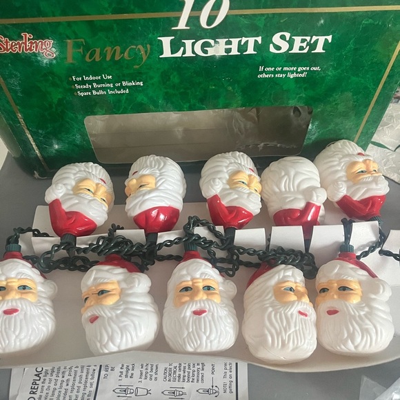 Vintage 10 Santa Head Christmas lights Sterling Tested Working! Blowmold New - Picture 1 of 2
